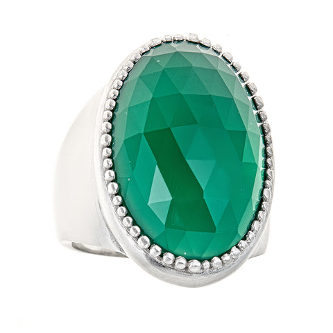 Emerald Green Chalcedony Sterling Silver Rhodium Large Gemstone Statement Cocktail Ring for Women, Chrismtas jewelry gift for girlfriend