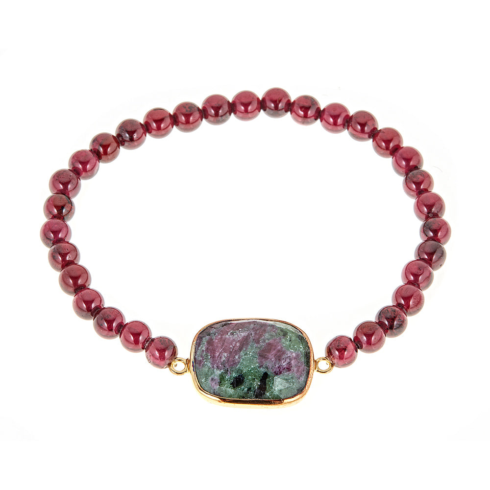 Garnet Gemstone Beaded Stretch Bracelet with Ruby in Zoisite Charm, jewelry gift for her
