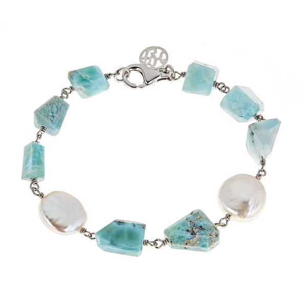 Larimar and Fresh Water Pearl Sterling Silver Semi Precious Gemstone Bracelet, bracelet for my girlfriend jewelry, gift for girlfriend