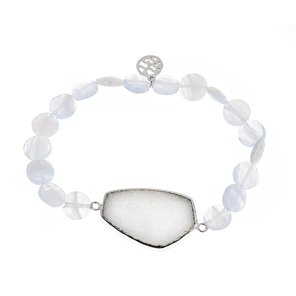 White Druzy and Blue Lace Agate Stretch Sterling Silver Rhodium Bracelet