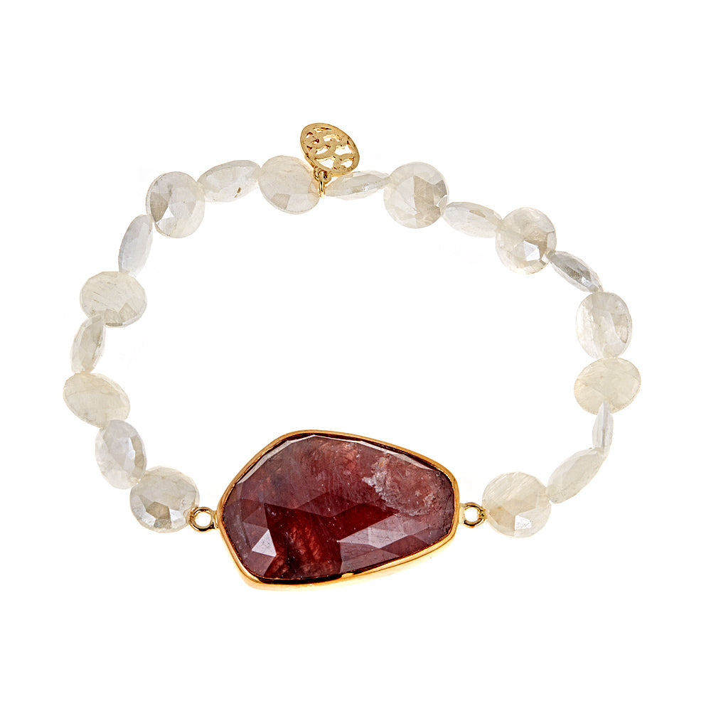 Terracotta Sapphire Sterling Silver Gold Plated Gemstone Beaded Stretch Bracelet with Charm, everyday wear bracelet