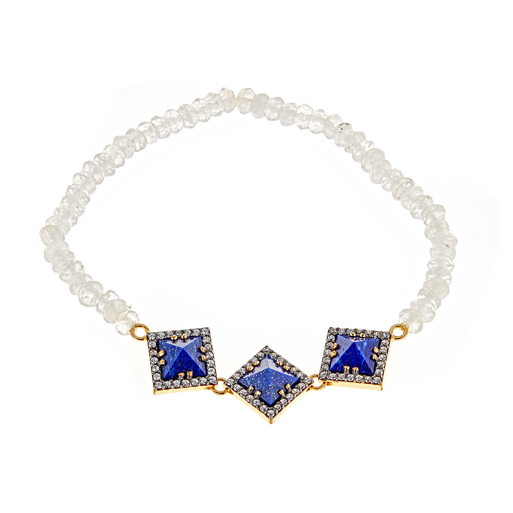 Lapis Lazuli Rainbow Moonstone Stretch Bracelet in Sterling Silver Gold Plated - Hilary Joy Couture