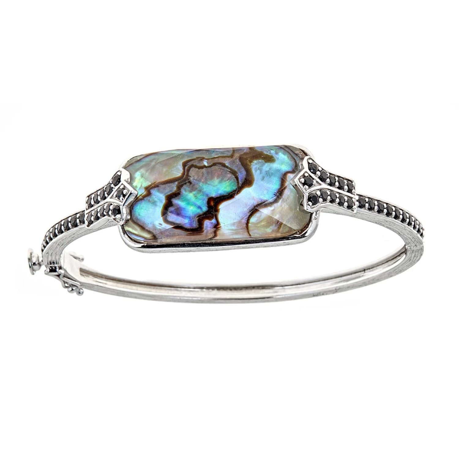 Abalone Gemstone Sterling Silver Hinged Bangle Bracelet - Hilary Joy Couture