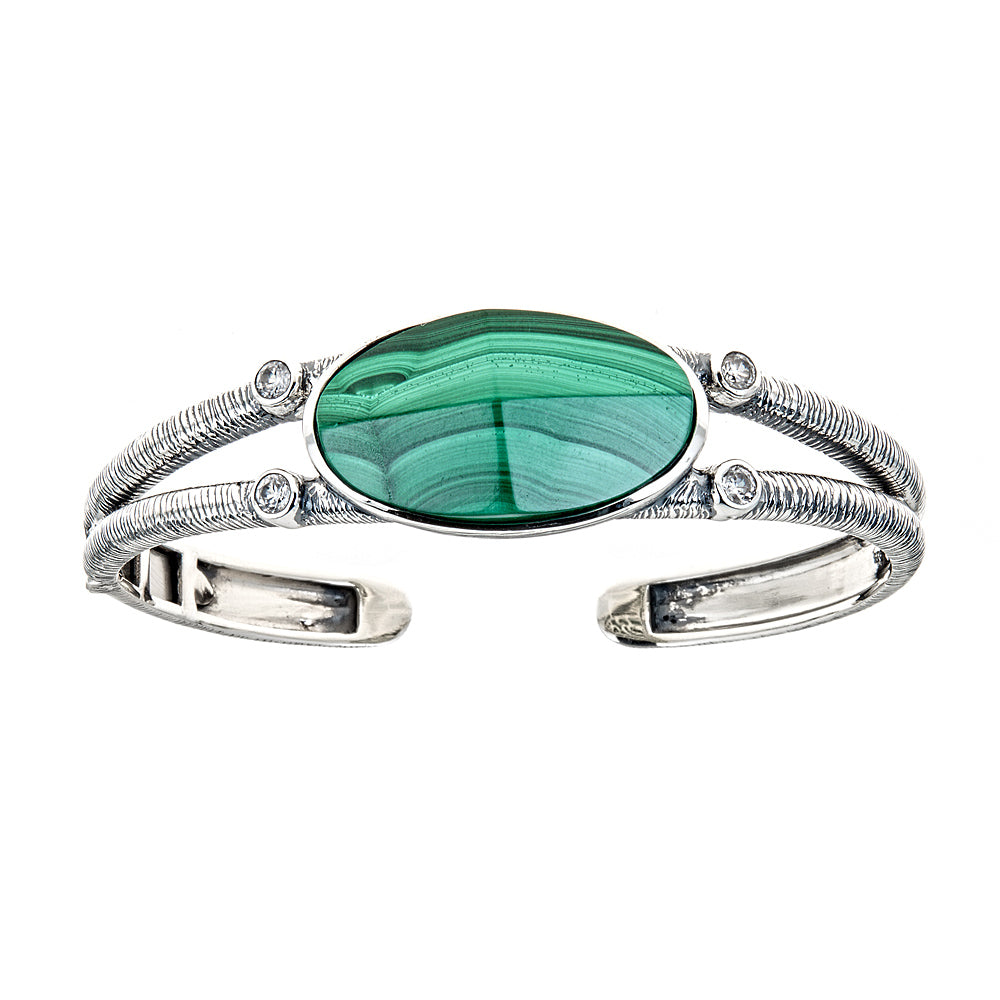 Malachite with Zircon Wave Textured Sterling Silver Rhodium Hinged Gemstone Cuff Bracelet, jewelry gift for wife