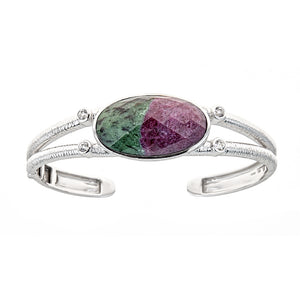 Ruby in Zoisite Sterling Silver Rhodium Gemstone Cuff Bangle Bracelet, jewelry gift for wife