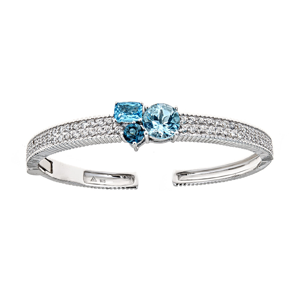 Blue Topaz with Natural Zircon Sterling Silver Rhodium Hinged Gemstone Cuff Bracelet, jewelry gift for wife
