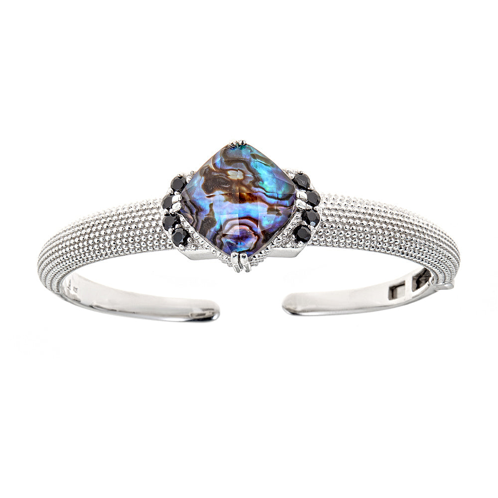 Abalone Sterling Silver Rhodium Hinged Gemstone Cuff Bangle Bracelet, jewelry gift for wife
