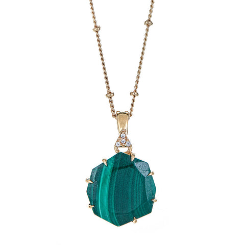 Malachite with White Topaz 18 Inch Satellite Chain Sterling Silver Gold Plated Gemstone Statement Pendant Necklace with 2 Inch Extender, ladies long necklace