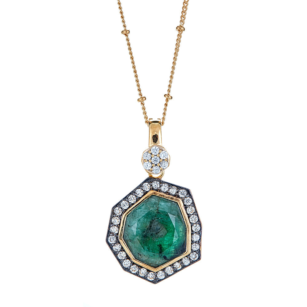 Emerald with White Zircon and 18 Inch Satellite Chain Sterling Silver Gold Plated Gemstone Statement Pendant Necklace with 2 Inch Extender, statement pendant long necklace