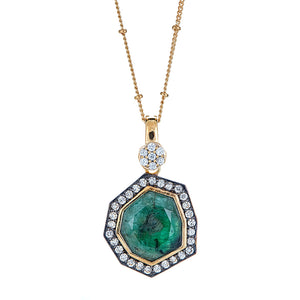 Emerald with White Zircon and 18 Inch Satellite Chain Sterling Silver Gold Plated Gemstone Statement Pendant Necklace with 2 Inch Extender, statement pendant long necklace