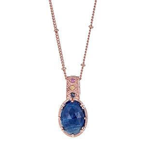 Sapphire with Colors of Sapphire and 18 Inch Satellite Chain Sterling Silver Rose Gold Plated enhancer Gemstone Statement Pendant Necklace with 2 Inch Extender, ladies long pendant necklace