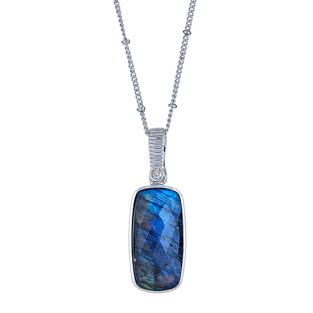 Labradorite-Onyx Doublet Statement Pendant Silver Necklace 18 Inch Chain with 2 Inch Extender, ladies long silver necklace