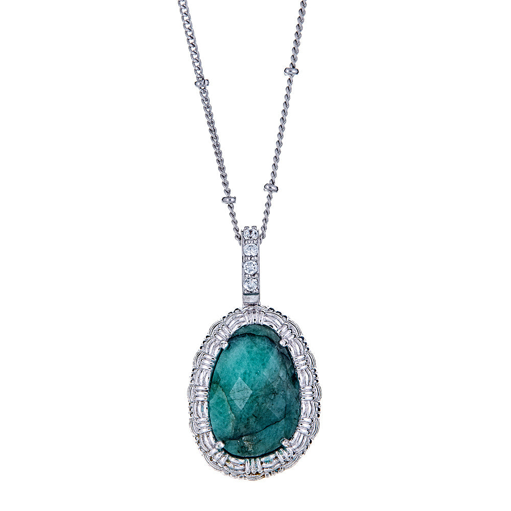 Emerald with Natural Zircon and 18 Inch Satellite Chain Sterling Silver Rhodium enhancer Pendant with 2 Inch Extender