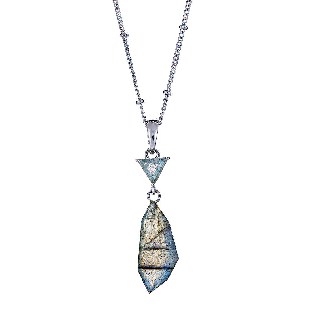 4386 - Labradorite and Variated Ball Chain Sterling Silver Rhodium Pendant - Hilary Joy Couture