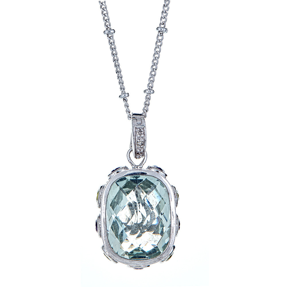 Prasiolite Gemstone Statement Pendant Necklace 18 Inch Chain with 2 Inch Extender Sterling Silver Rhodium, xmas present for girlfriend, wife