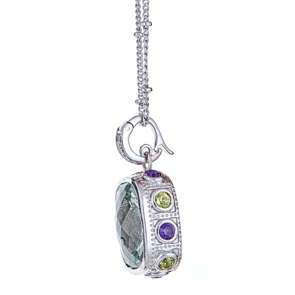 Prasiolite Gemstone Statement Pendant Silver Necklace 18 Inch Chain with 2 Inch Extender Sterling Silver Rhodium - Hilary Joy Couture