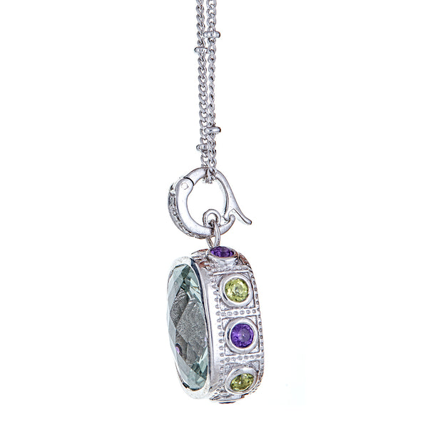 Prasiolite, Amethyst and Peridot with Natural Zircon Bale and 18 Inch with 2 Inch Extender Satellite Chain Sterling Silver Rhodium enhancer Pendant