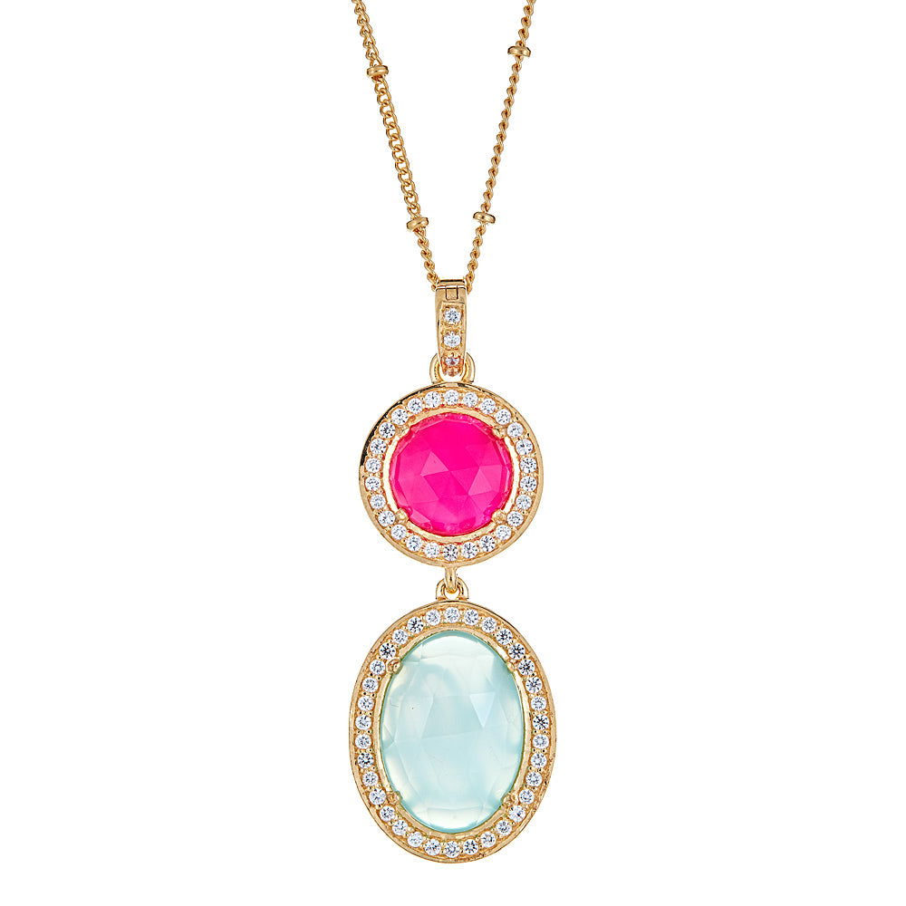 Fuchsia and Seafoam Chalcedony with Natural Zircon and 16 Inch  Satellite Chain with 2 Inch Extender Sterling Silver Gold Plated enhancer Pendant