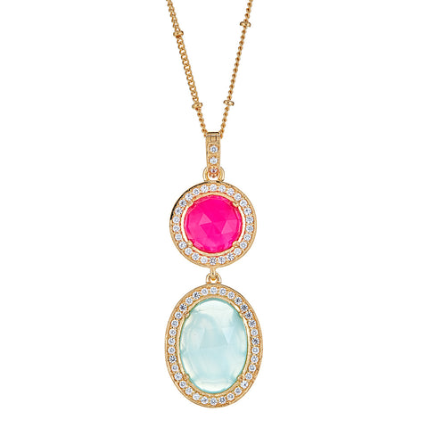 Fuchsia and Seafoam Chalcedony with Natural Zircon and 16 Inch Satellite Chain with 2 Inch Extender Sterling Silver Gold Plated enhancer Gemstone Statement Pendant Necklace, christmas jewelry gift for girlfriend, wife