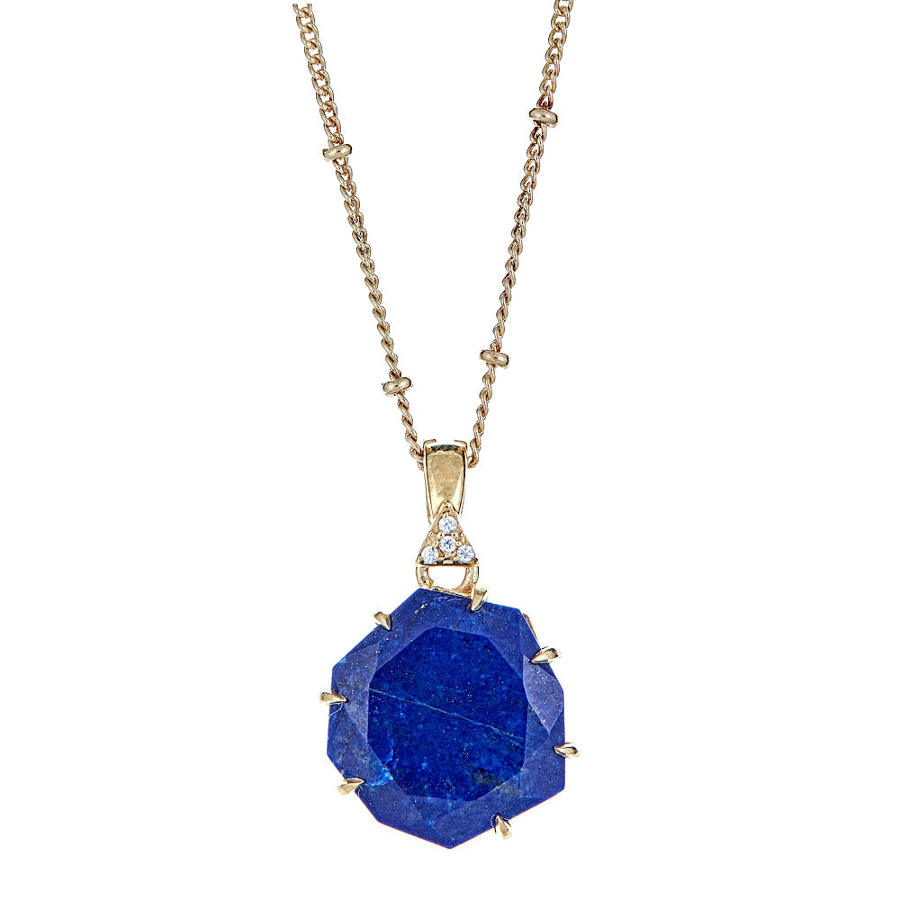 Lapis Lazuli with Natural Zircon and 16 Inch Satellite Chain Sterling Silver Gold Plated Gemstone Statement Pendant Necklace with 2 Inch Extender, ladies long pendant necklace