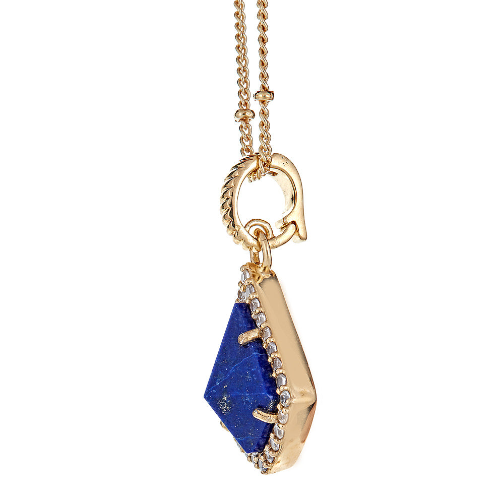 3154 - Kite Shaped Lapis Lazuli with Natural Zircon Variated Ball Chain Sterling Silver Gold Plated - Hilary Joy Couture