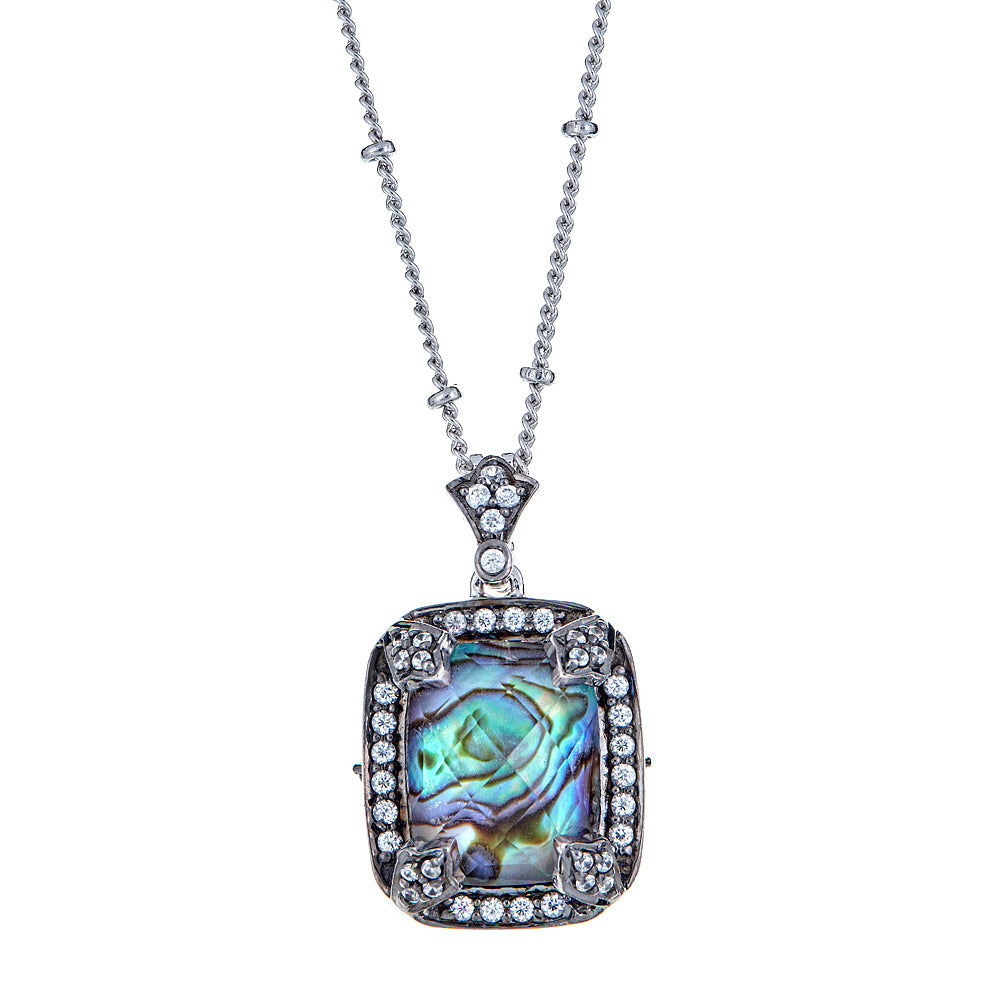 834 - Abalone - Crystal Quartz with Natural Zircon and Variated Ball Chain Sterling Silver Black Rhodium Pendant - Hilary Joy Couture