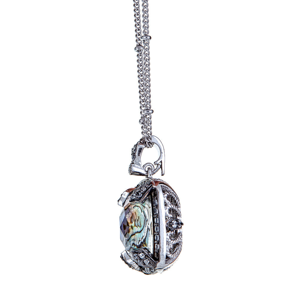 834 - Abalone - Crystal Quartz with Natural Zircon and Variated Ball Chain Sterling Silver Black Rhodium Pendant - Hilary Joy Couture
