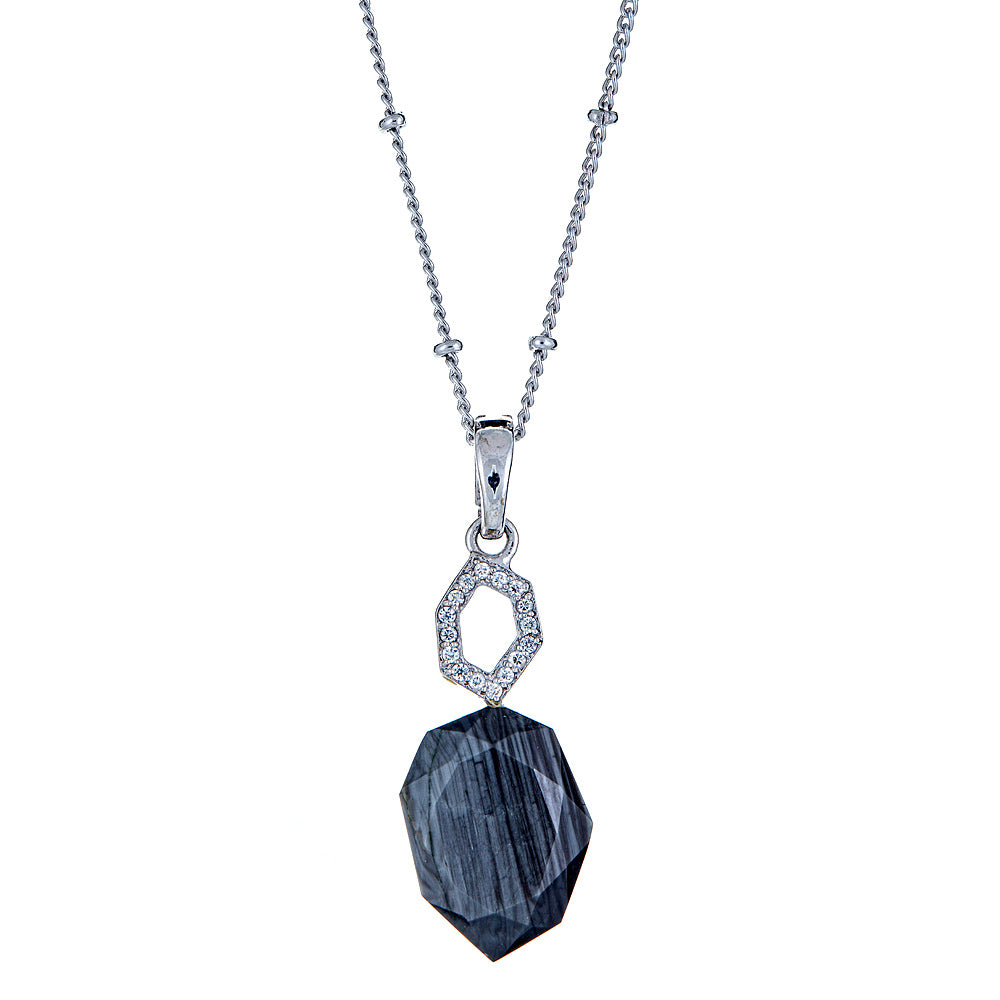 4383 - Sapphire Natural Zircon and Variated Ball Chain Sterling Silver Rhodium enhancer Pendant - Hilary Joy Couture