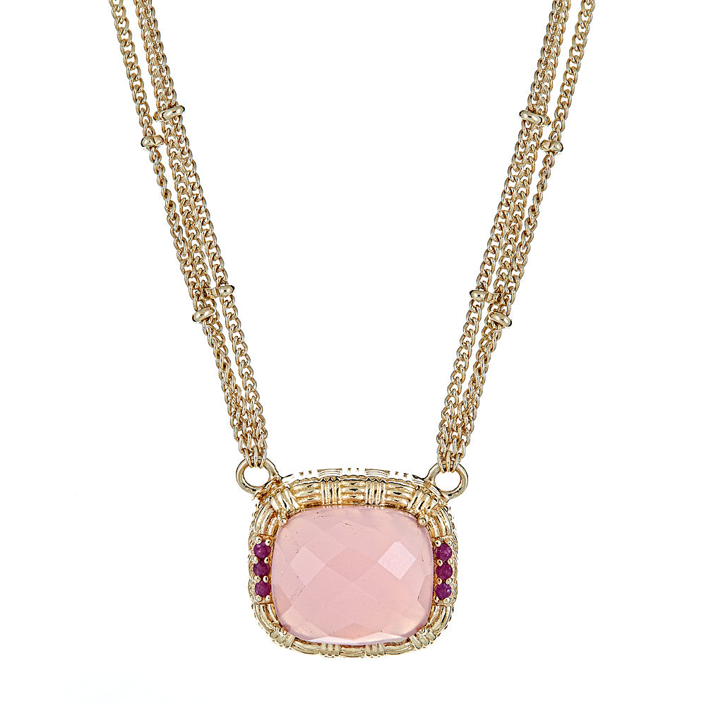 1365 - Pink Chalcedony with Ruby and Variated Ball Triple Chain Sterling Silver Gold Plated Necklace - Hilary Joy Couture