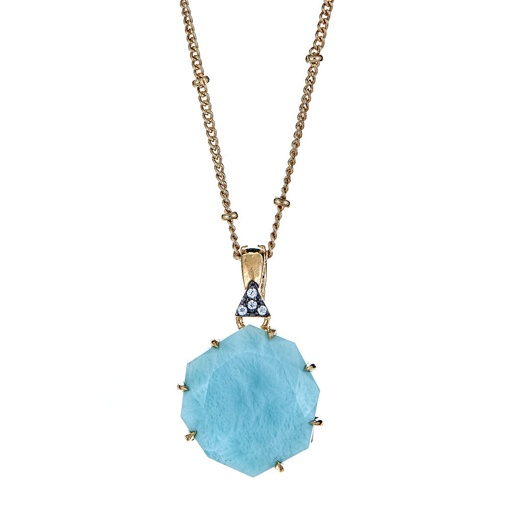 Larimar Gemstone Long Pendant Necklace 16 Inch Chain Sterling Silver Gold Plated with 2 Inch Extender, jewelry gift for wife, statement necklace