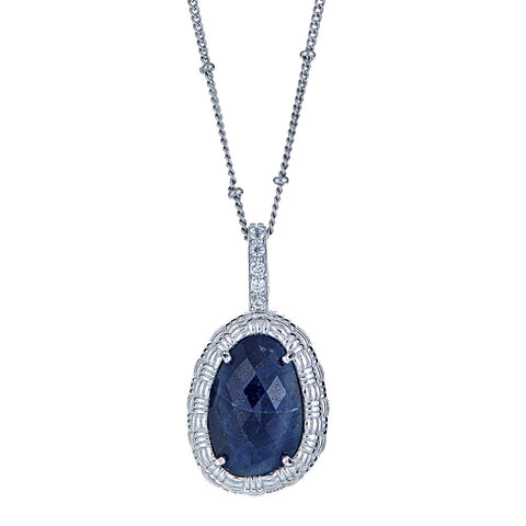 Sapphire with Natural Zircon and 18 Inch Satellite Chain Sterling Silver Rhodium enhancer Pendant with 2 Inch Extender