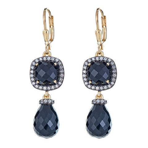 Briolette Black Onyx with Natural Zircon Sterling Silver Gold Plated Earrings