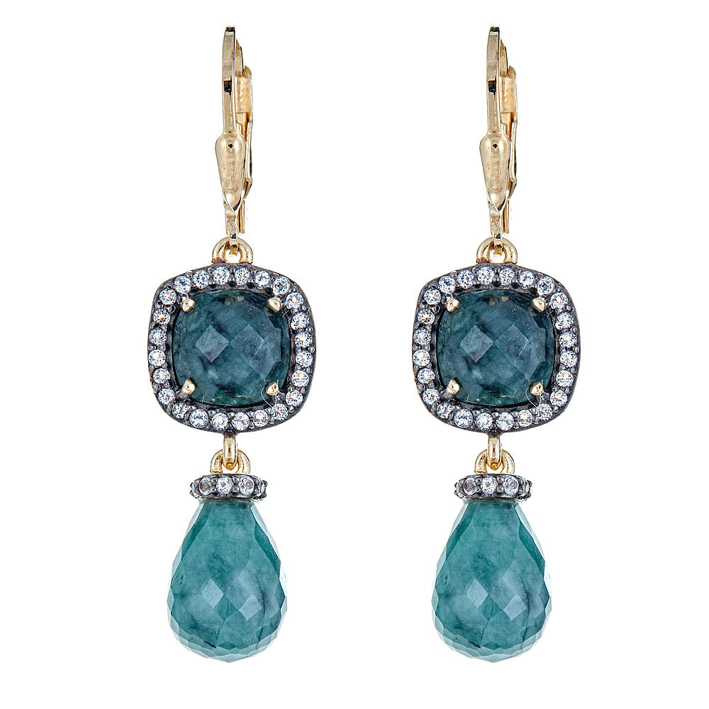 Briolette Emerald with Natural Zircon Sterling Silver Gold Plated Earrings