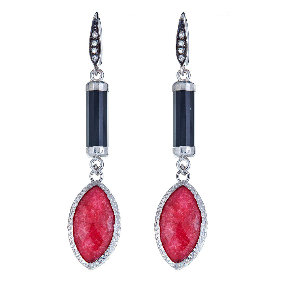 4758 - Ruby Corundum and Crystal Quartz Doublet with Barrel Shape Onyx Sterling Silver Rhodium Earrings - Hilary Joy Couture