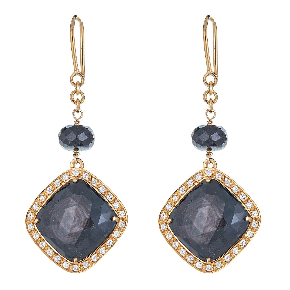Bead Hypersthene with Natural Zircon Sterling Silver Gold plated Earrings - Hilary Joy Couture