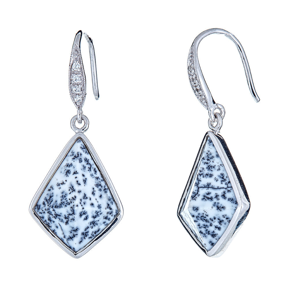 2345 - Kite Shaped Dendrite Opal with Natural Zircon Earrings - Hilary Joy Couture