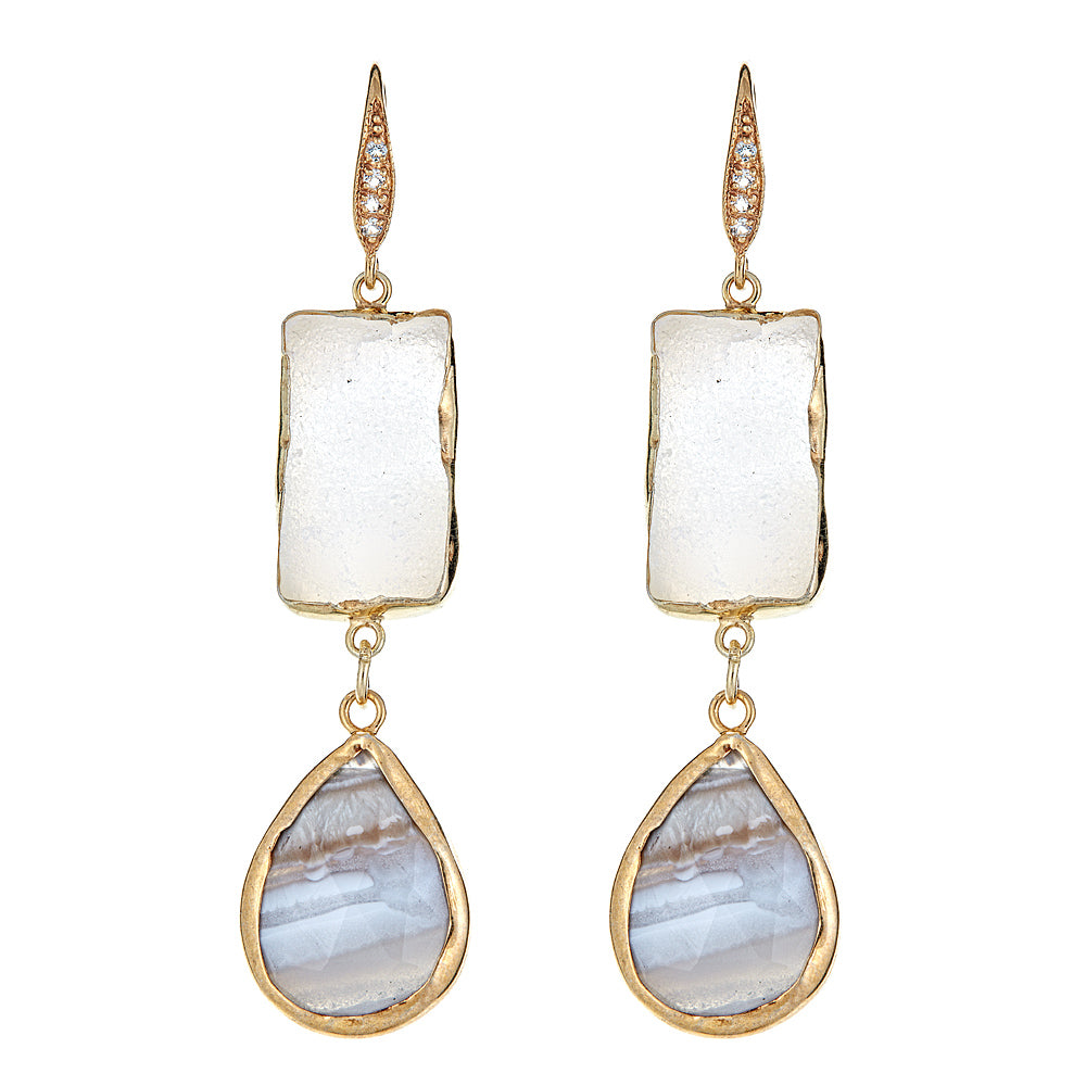 4761 - Blue Lace Agate and White Druzy with Natural Zircon Sterling Silver Gold Plated Earrings - Hilary Joy Couture
