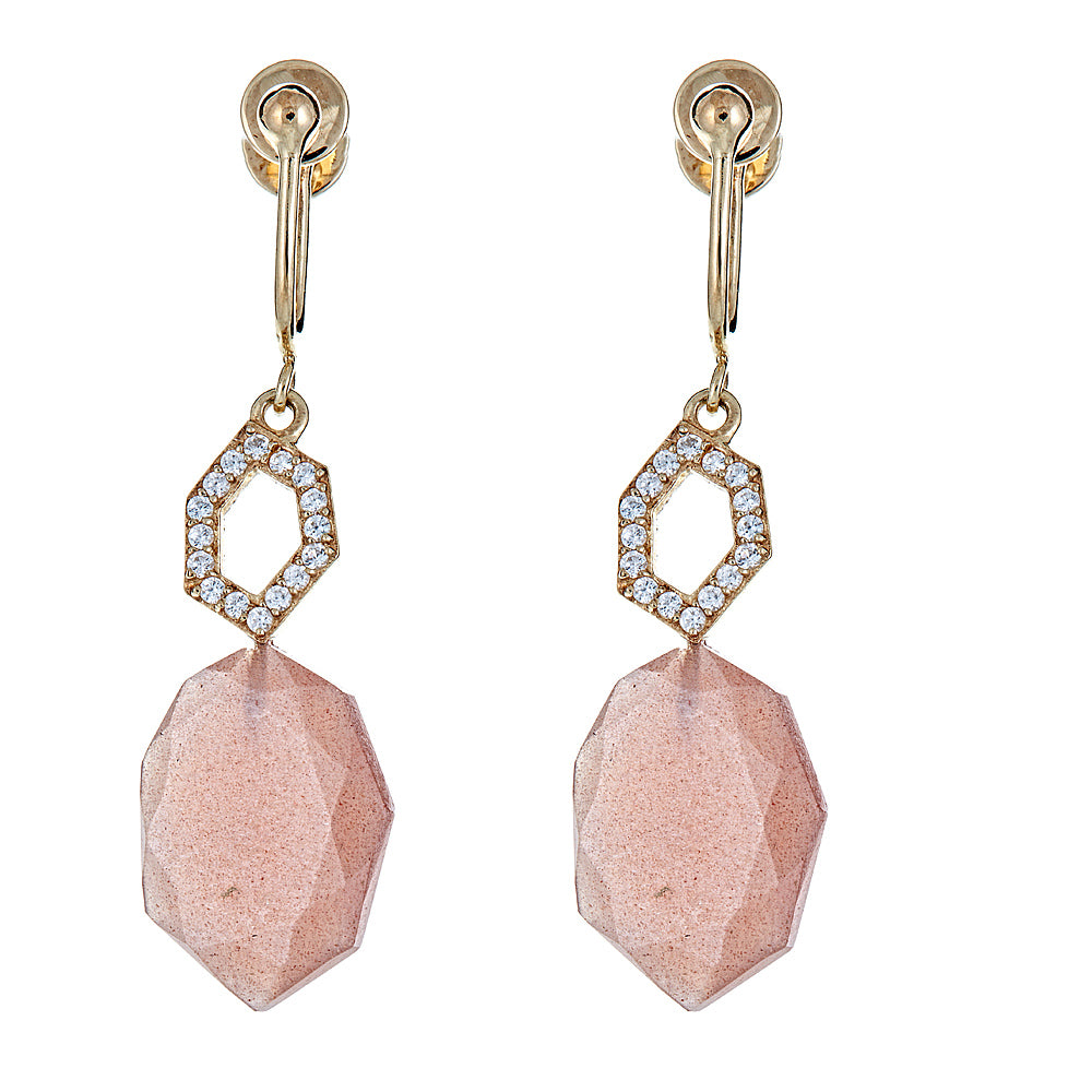 4383 - Peach Moonstone with Natural Zircon Sterling Silver Gold Plated Earrings - Hilary Joy Couture
