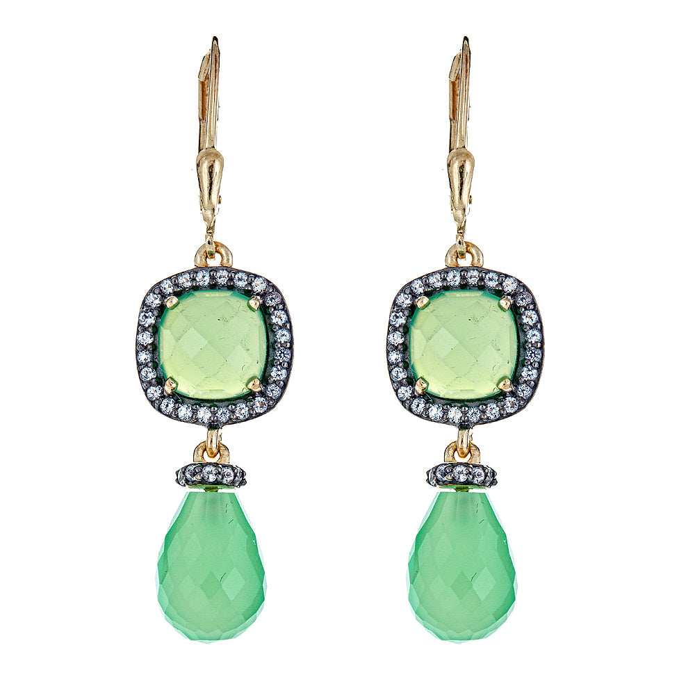 Briolette Chrysophrase Color Chalcedony with Natural Zircon Sterling Silver Gold Plated Black Rhodium Earrings