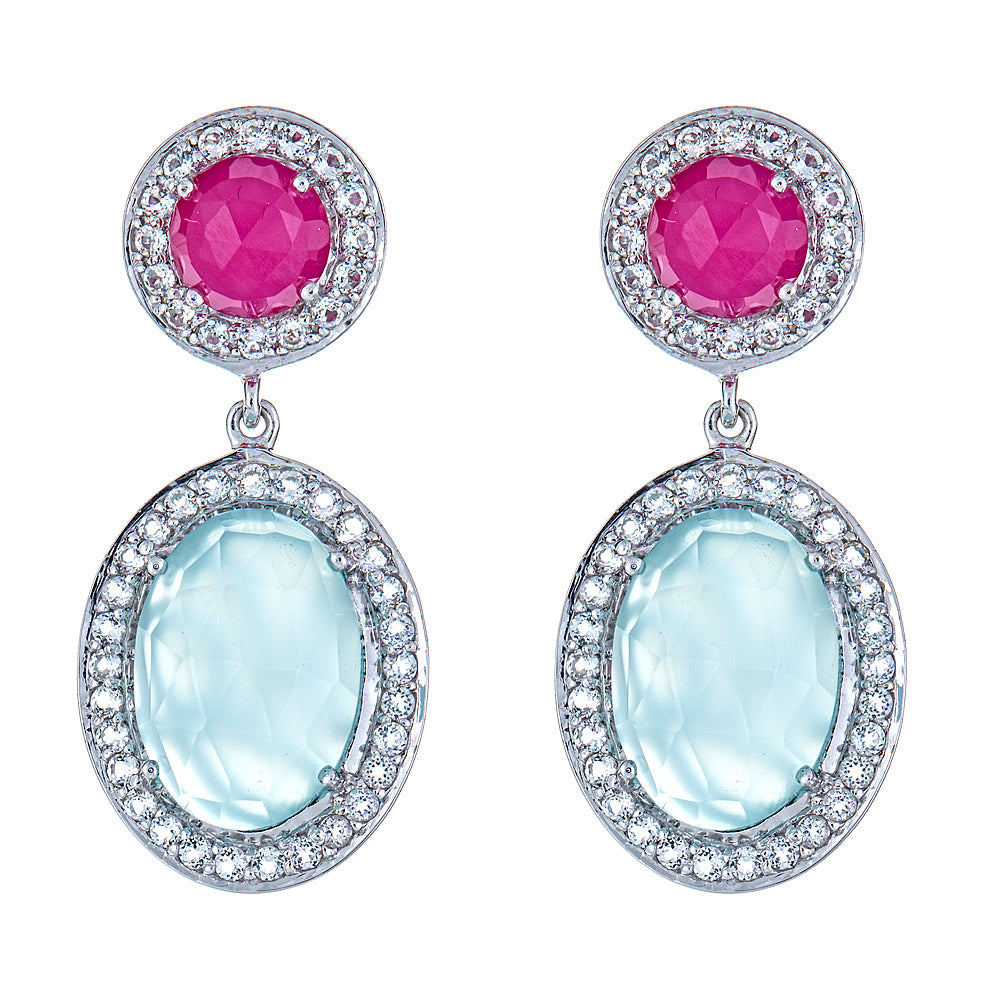 Fuchsia and Aqua Chalcedony Natural Zircon Sterling Silver Rhodium Gemstone Drop Earrings, statement earrings christmas jewelry gift for girlfriend