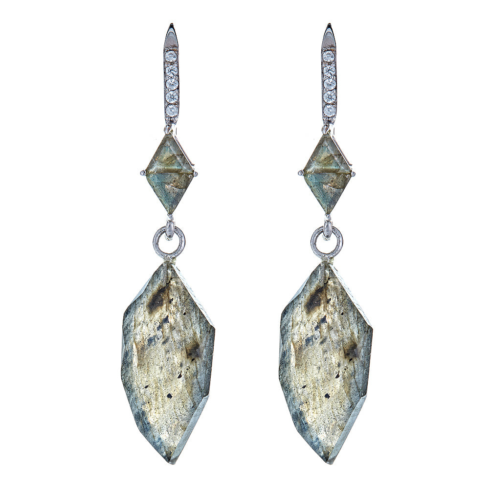 4377 - Labradorite Natural Zircon Sterling Silver Rhodium Earrings - Hilary Joy Couture
