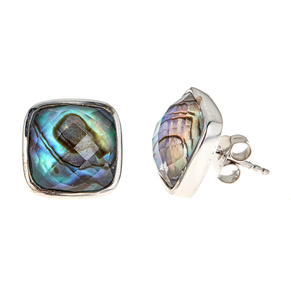 2470 - Abalone- Crystal Quartz Stud Sterling Silver Rhodium Earrings - Hilary Joy Couture