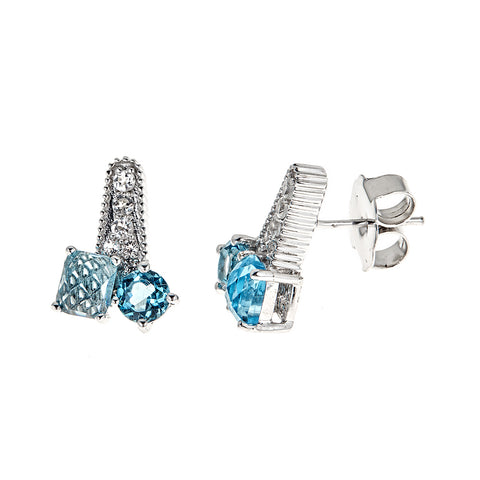 Blue Topaz Natural Zircon Sterling Silver Rhodium Earrings