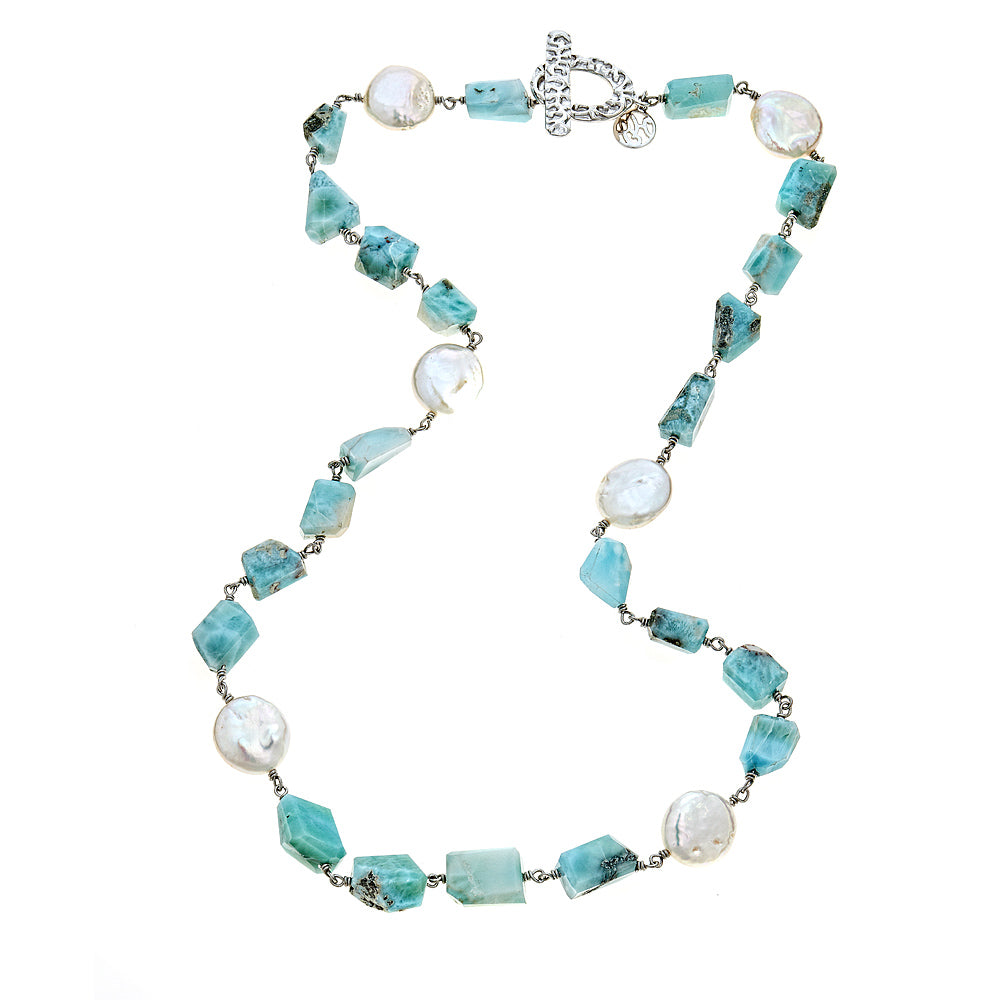 Larimar Nugget and Freshwater Pearl Sterling Silver Rhodium Beaded Gemstone Long Strand Necklace, christmas jewelry gift for your wife, ladies long silver necklace