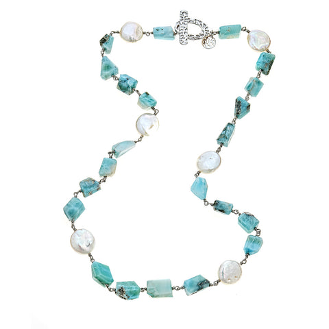 Larimar Nugget and Freshwater Pearl Sterling Silver Rhodium 20 Inch Necklace