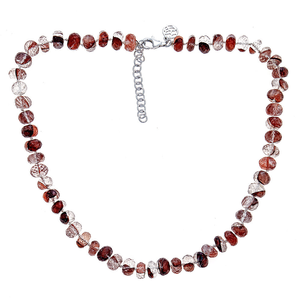 Terra Cotta Quartz Faceted Bead Sterling Silver Rhodium Handmade Gemstone Beaded Necklace with 2 Inch Extender, handmade ladies long silver necklace