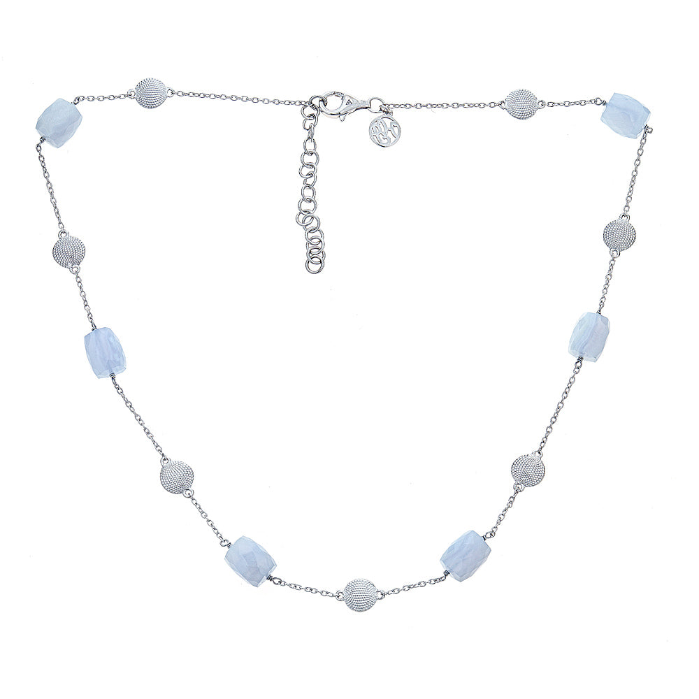 Blue Lace Agate Sterling Silver Rhodium 18 Inch with 2 Inch Extender Necklace