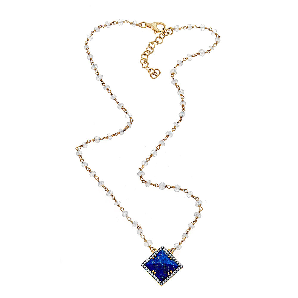 Lapis Lazuli with Natural Zircon Faceted Rainbow Moonstone Chain Sterling Silver Gold Plated 18 Inch with 2 Inch Extender Necklace - Hilary Joy Couture