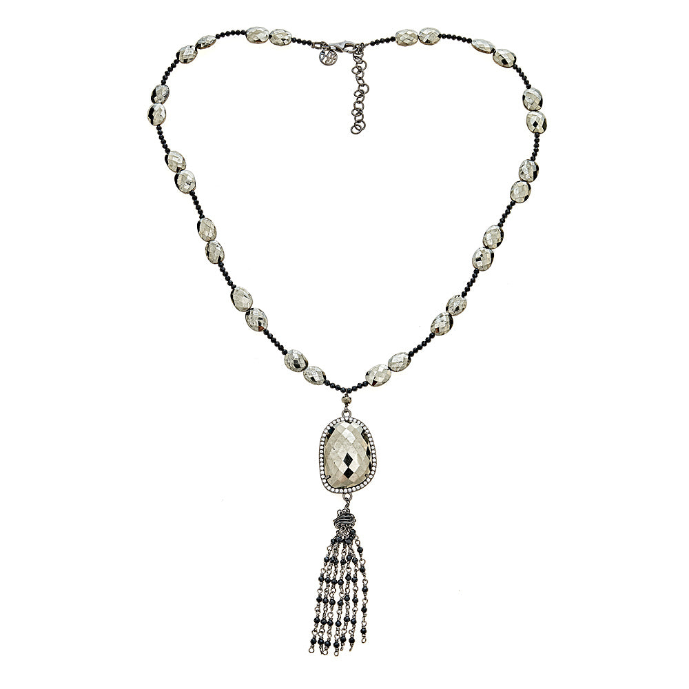 Pyrite with Natural Zircon and Black Spinel Sterling Silver Black Rhodium 20 Inch with 2 Inch Extender Necklace - Hilary Joy Couture