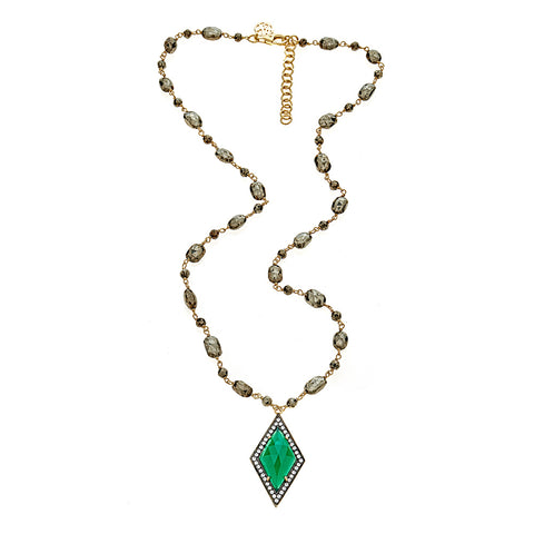 Emerald Green Chalcedony with Natural Zircon on Pyrite Chain Sterling Silver Gold Plated Black Rhodium 19 Inch Necklace with 2 Inch Extender